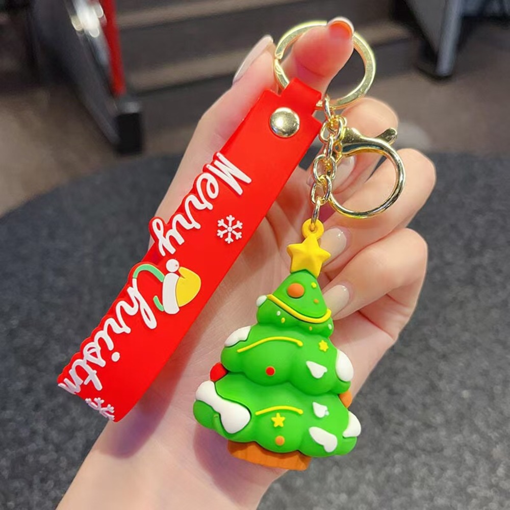 Festive Green Christmas Tree Keychain with Red Strap